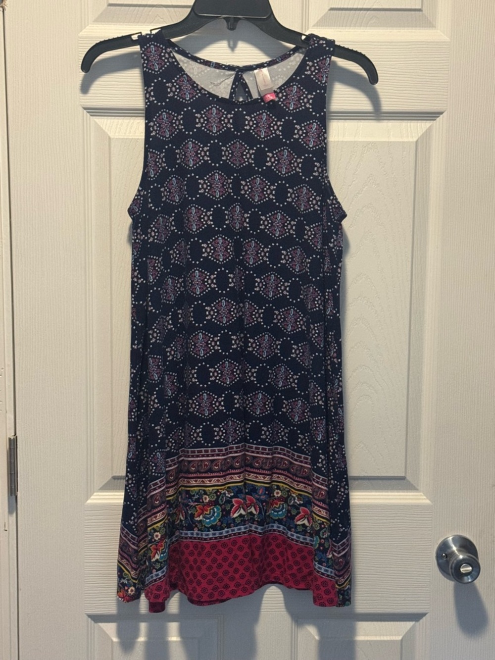No Boundaries Navy Swing Dress with Pink & Multicolor Hem